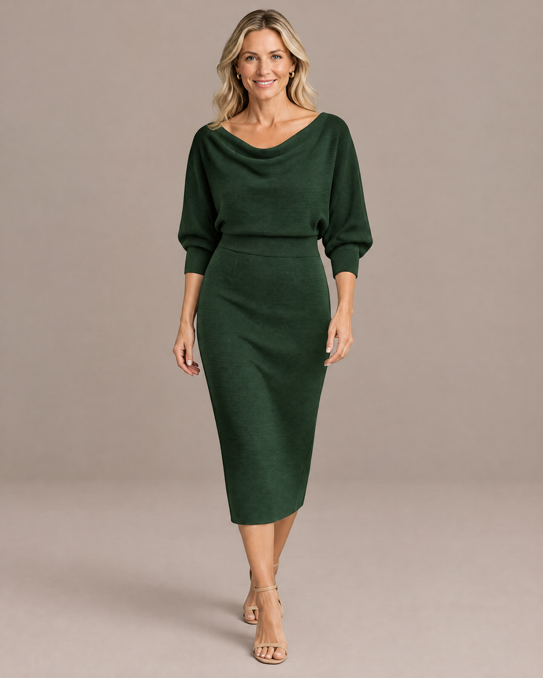 Draped Cowl Neck Batwing Midi Dress in Green – front view