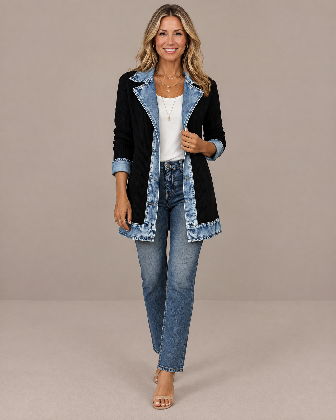 Denim Trim Ribbed Knit Longline Jacket in Black – front view