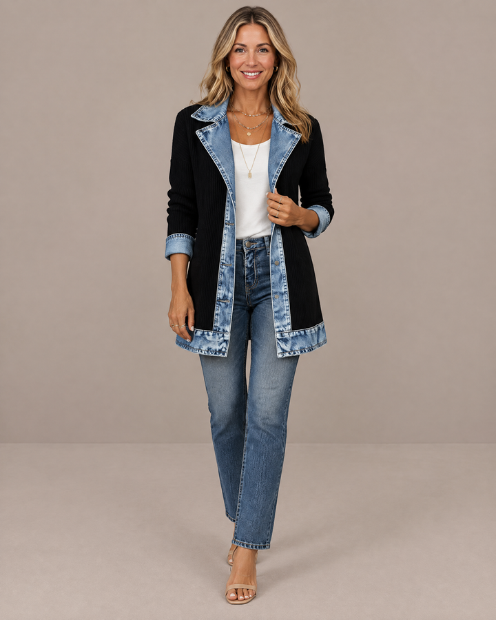 Denim Trim Ribbed Knit Longline Jacket in Black – front view