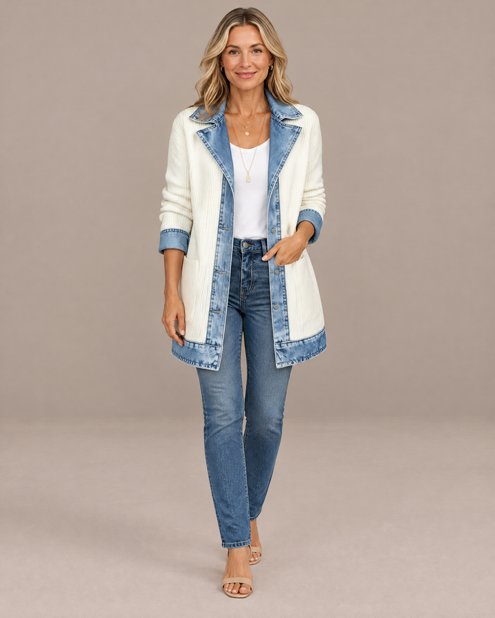 Denim Trim Ribbed Knit Longline Jacket in White – front view