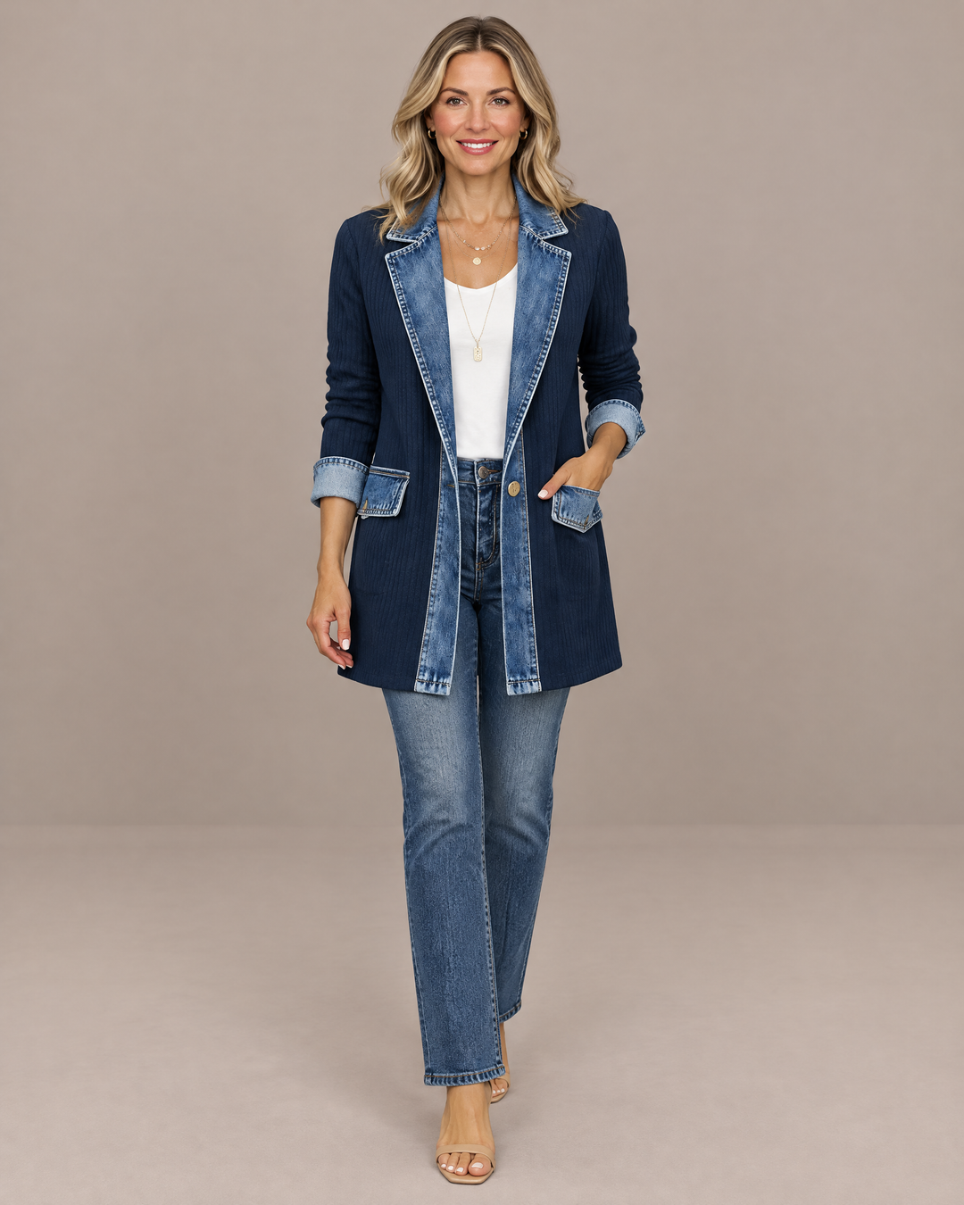 Denim Trim Ribbed Knit Longline Jacket in Navy Blue – front view
