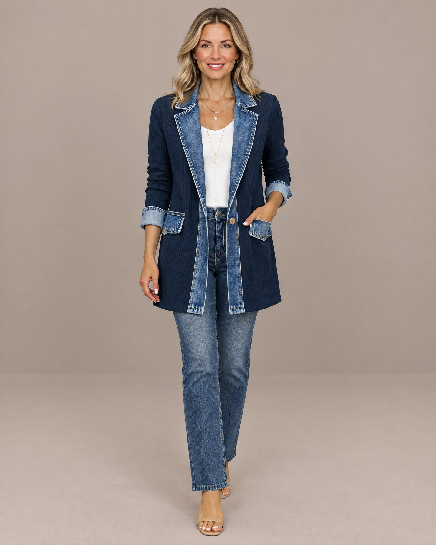 Knit Jacket | Ribbed Longline Jacket with Denim Trim – MAISON CLAIRE LONDON