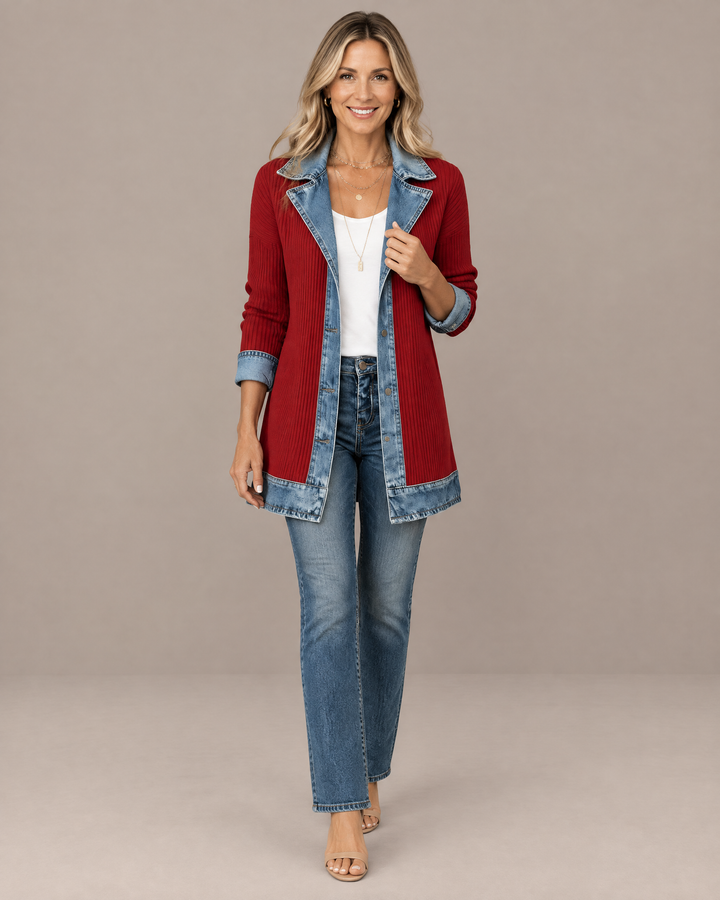 Denim Trim Ribbed Knit Longline Jacket in Red – front view