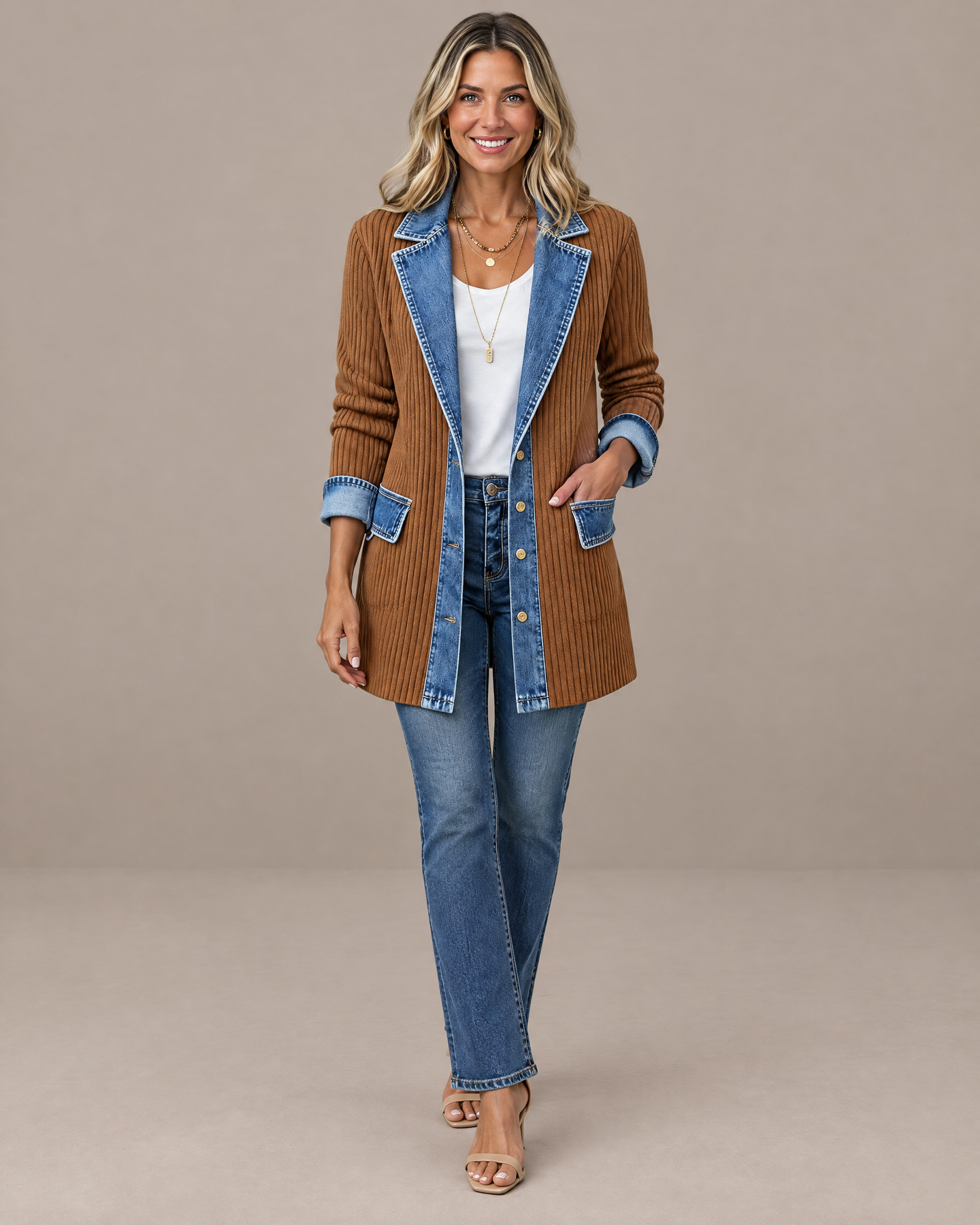 Knit Jacket | Ribbed Longline Jacket with Denim Trim – MAISON CLAIRE LONDON