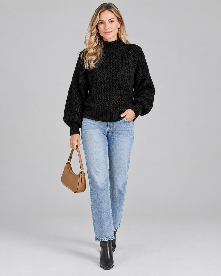 Chunky Waffle Knit High Neck Jumper in Black – front view