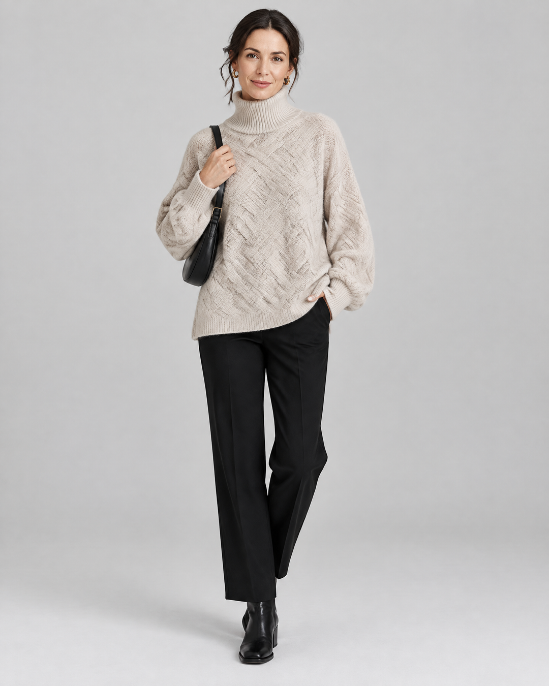 Basket Weave Knit Turtleneck Jumper in Camel – front view
