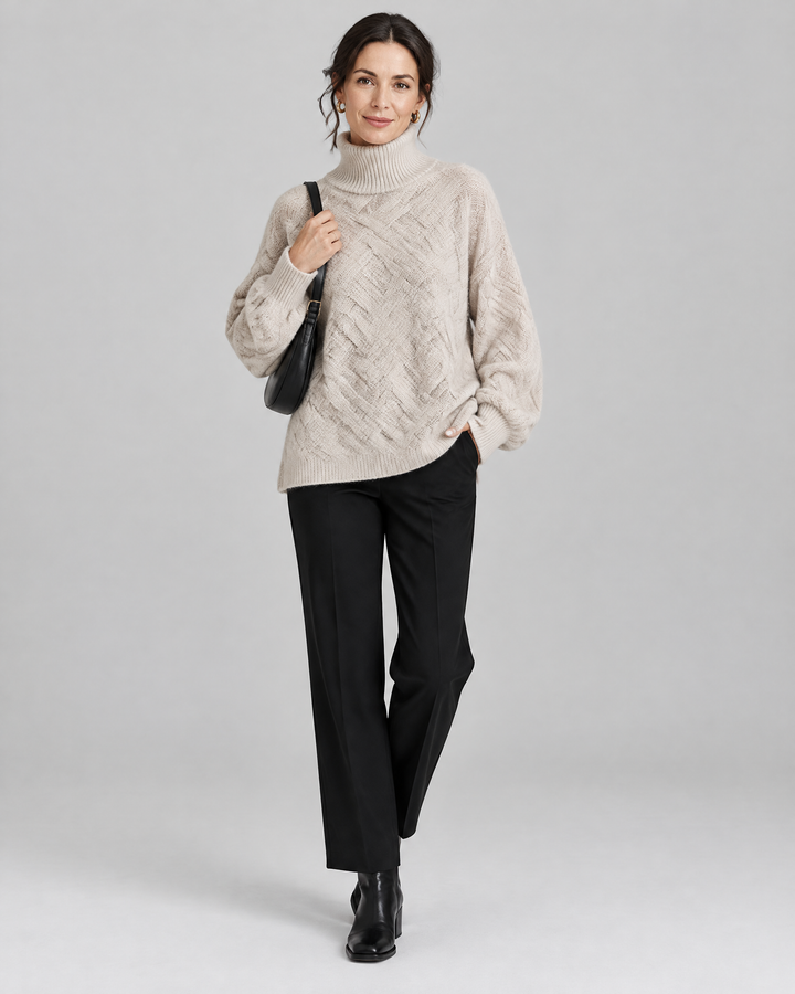 Basket Weave Knit Turtleneck Jumper in Camel – front view