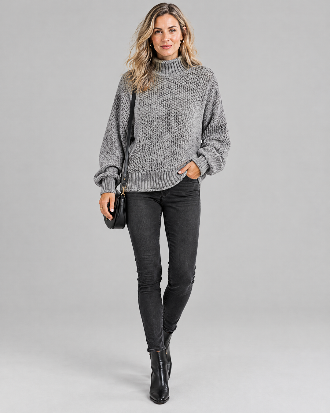 Chunky Waffle Knit High Neck Jumper in Grey – front view