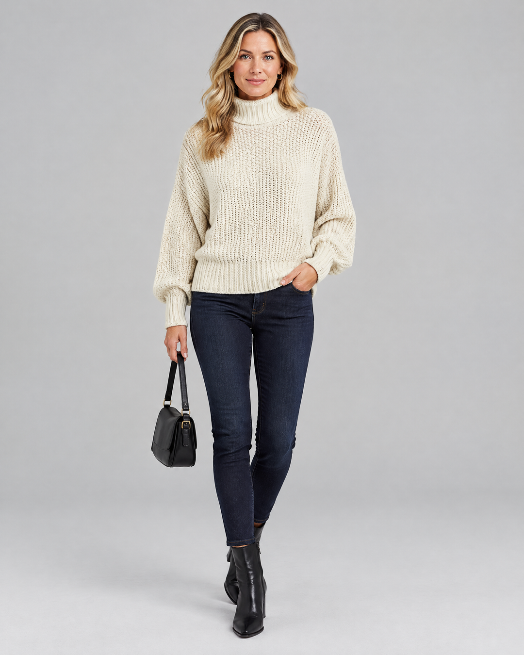 Chunky Waffle Knit High Neck Jumper in Cream – front view