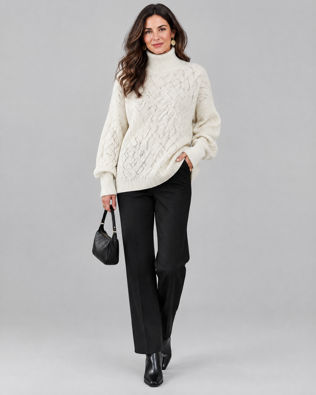 Basket Weave Knit Turtleneck Jumper in Beige – front view