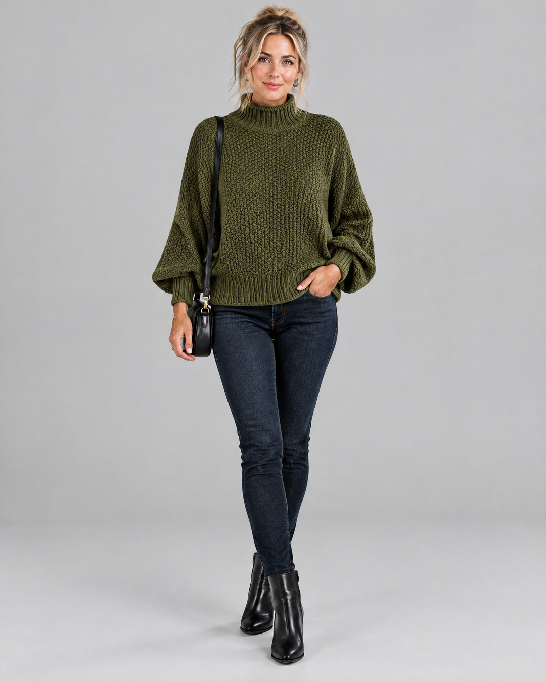 Chunky Waffle Knit High Neck Jumper in Green – front view