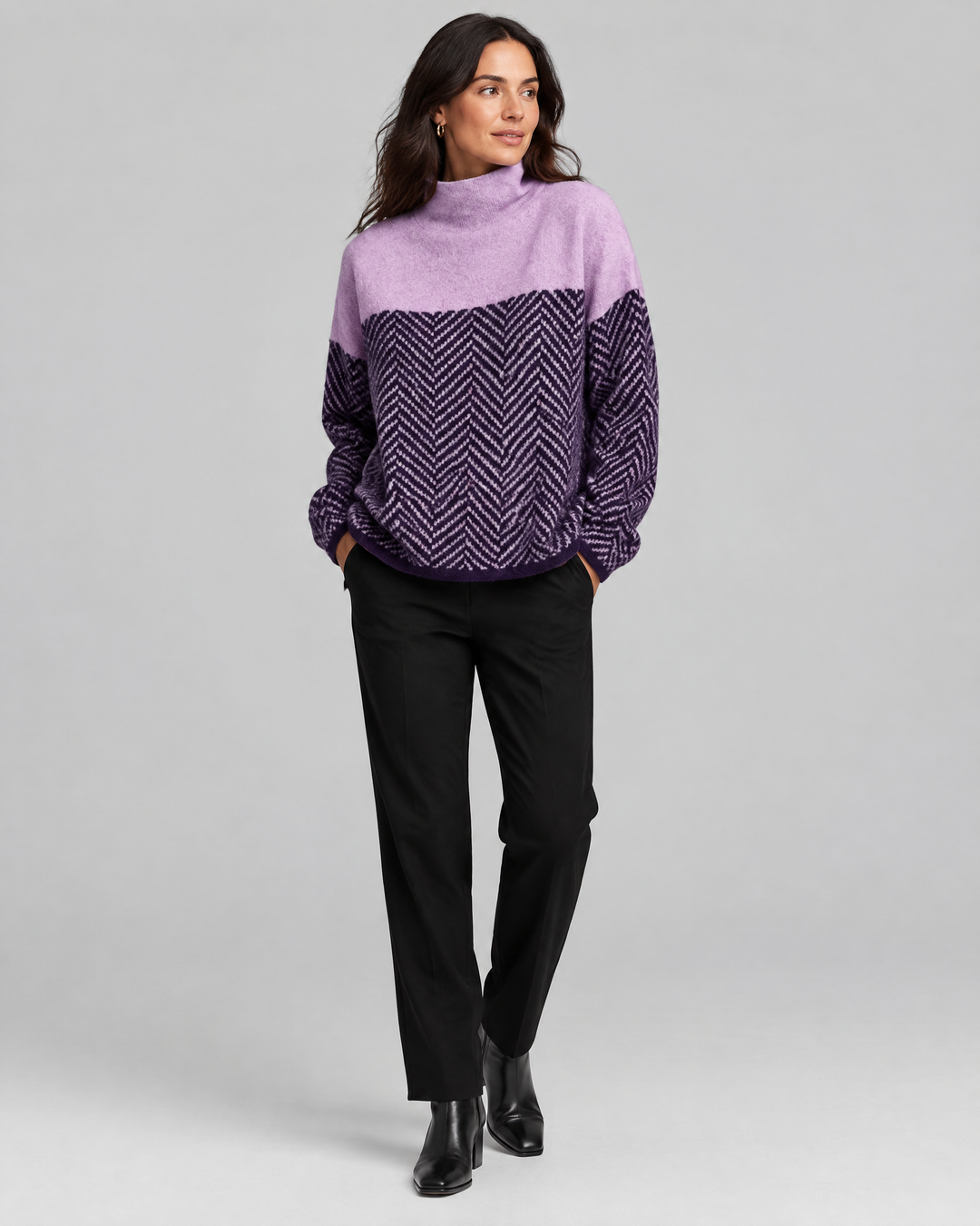 Herringbone Knit Turtleneck Jumper in Purple – front view