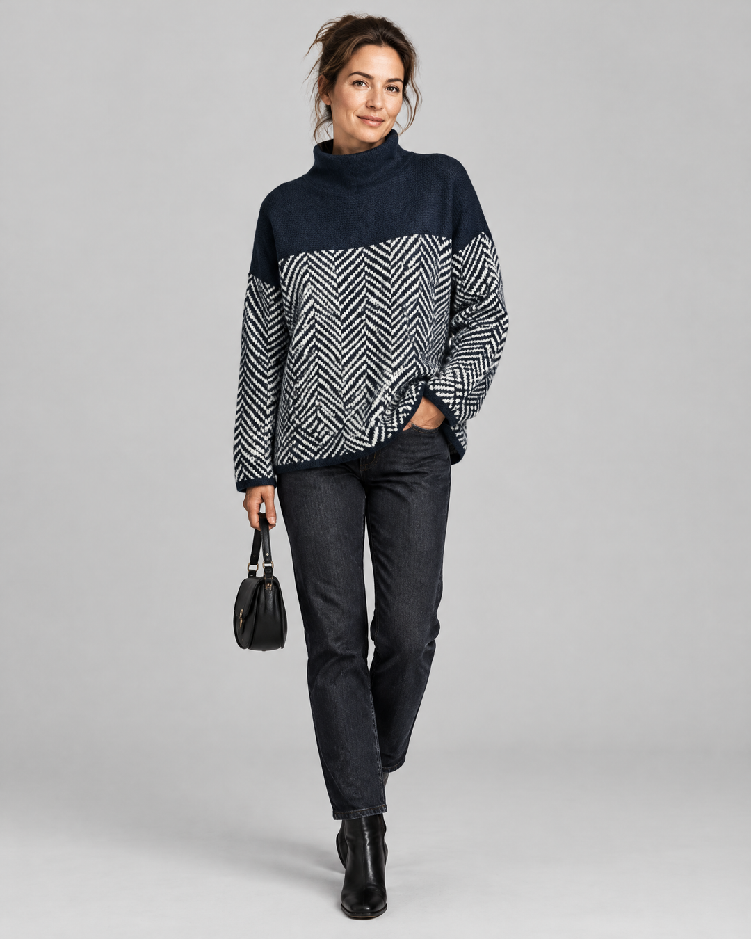 Herringbone Knit Turtleneck Jumper in Navy Blue – front view
