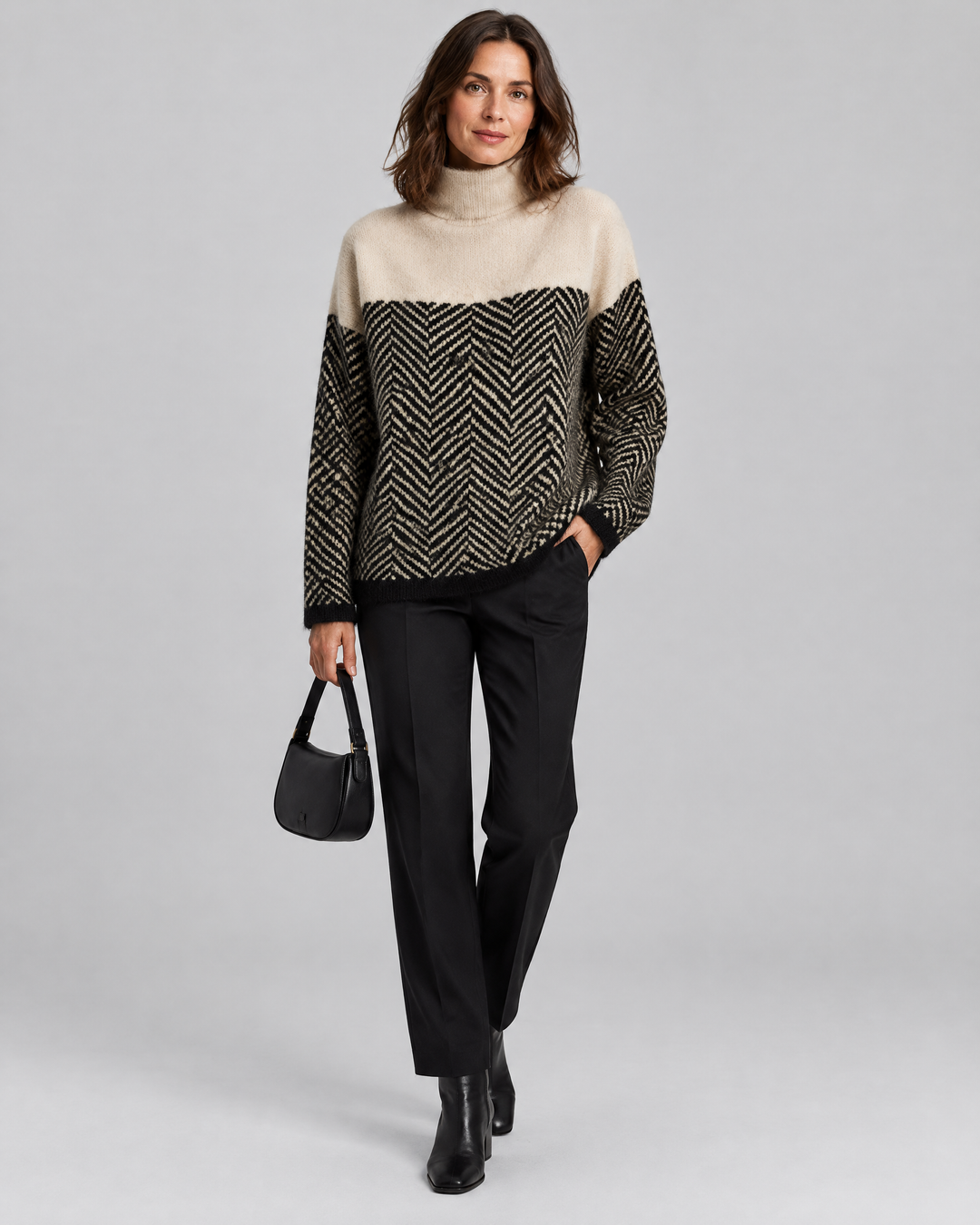 Herringbone Knit Turtleneck Jumper in Beige – front view