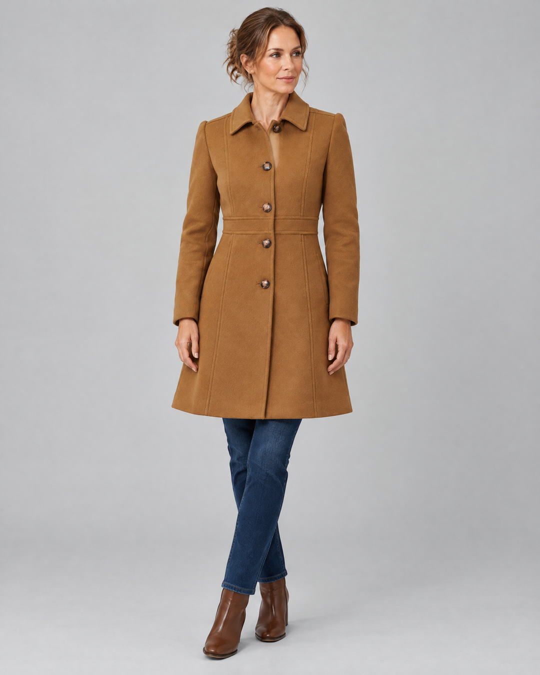 Tailored A-Line Button Front Winter Coat in Brown – front view