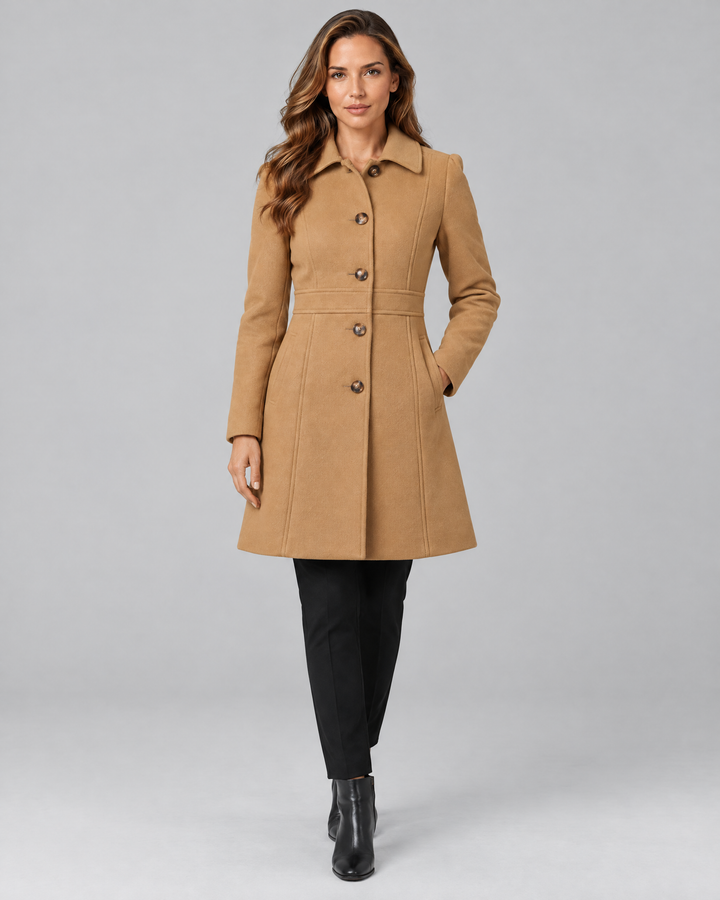 Tailored A-Line Button Front Winter Coat in Khaki – front view