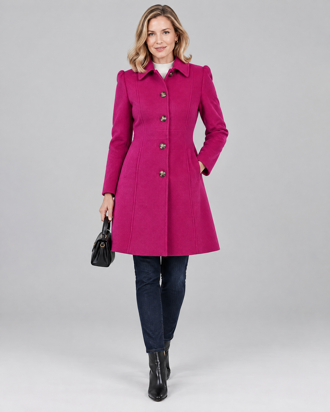 Tailored A-Line Button Front Winter Coat in Pink – front view