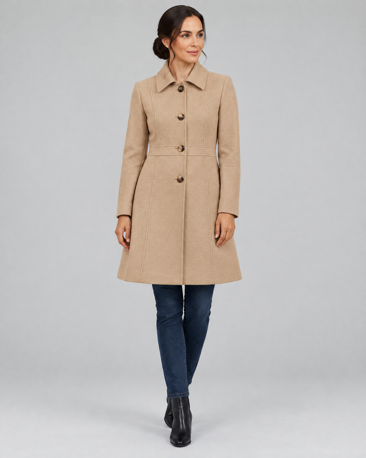 Tailored A-Line Button Front Winter Coat in Cream White – front view