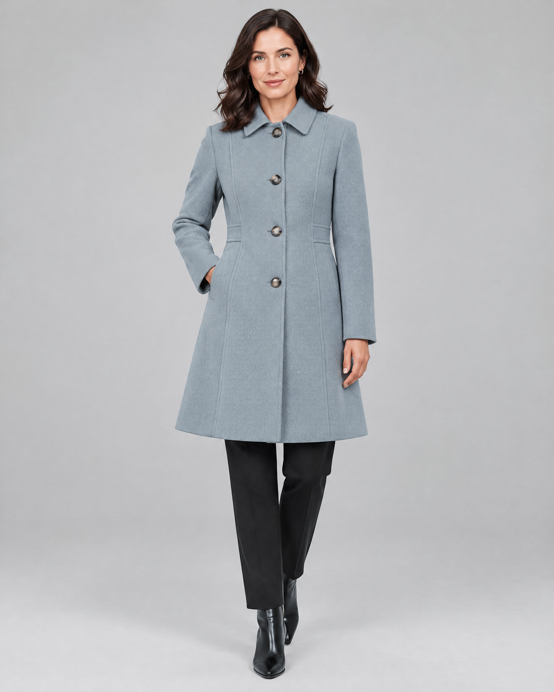 Tailored A-Line Button Front Winter Coat in Grey – front view
