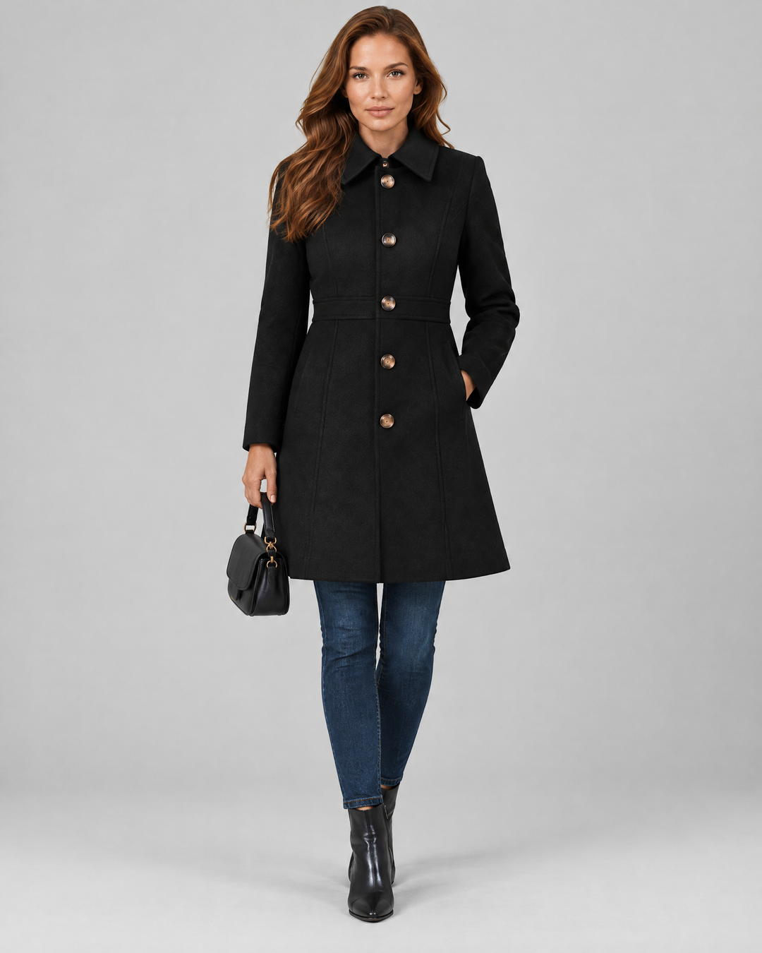 Tailored A-Line Button Front Winter Coat in Black – front view