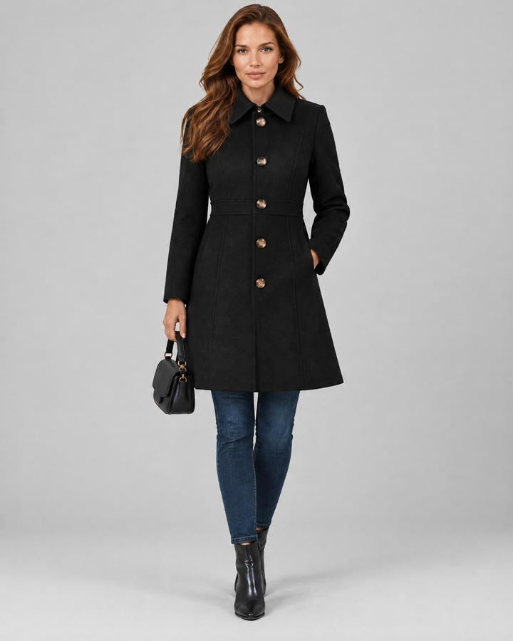 Tailored A-Line Button Front Winter Coat in Black – front view