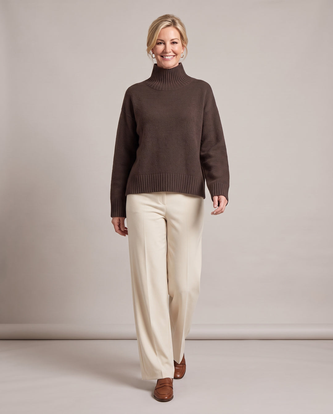 Brown Funnel Neck Oversized Knitted Jumper