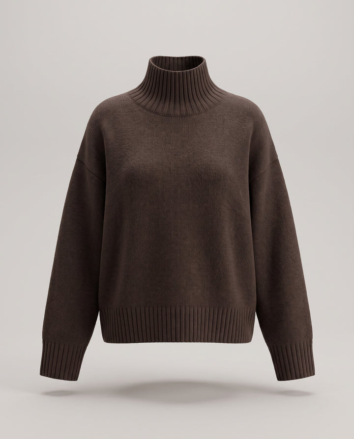 Brown Funnel Neck Oversized Knitted Jumper