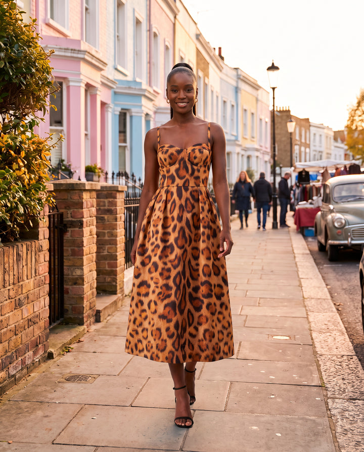 Leopard Print Bustier Midi Dress