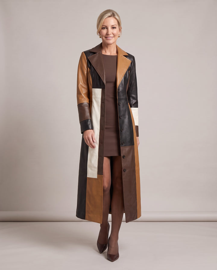 Brown Colour Block Patchwork Faux Leather Longline Coat