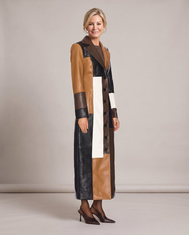Brown Colour Block Patchwork Faux Leather Longline Coat