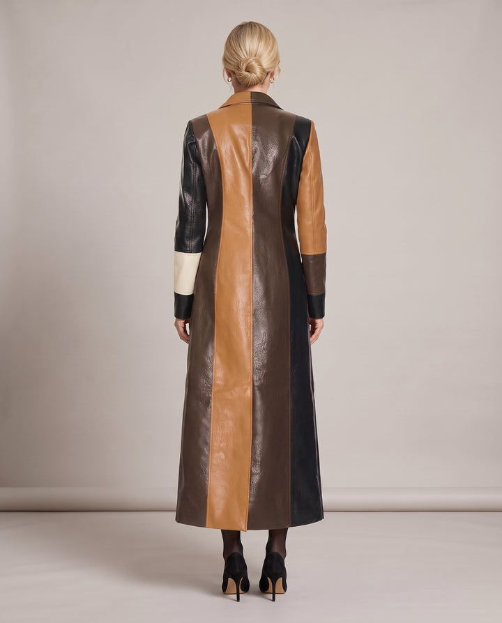 Brown Colour Block Patchwork Faux Leather Longline Coat