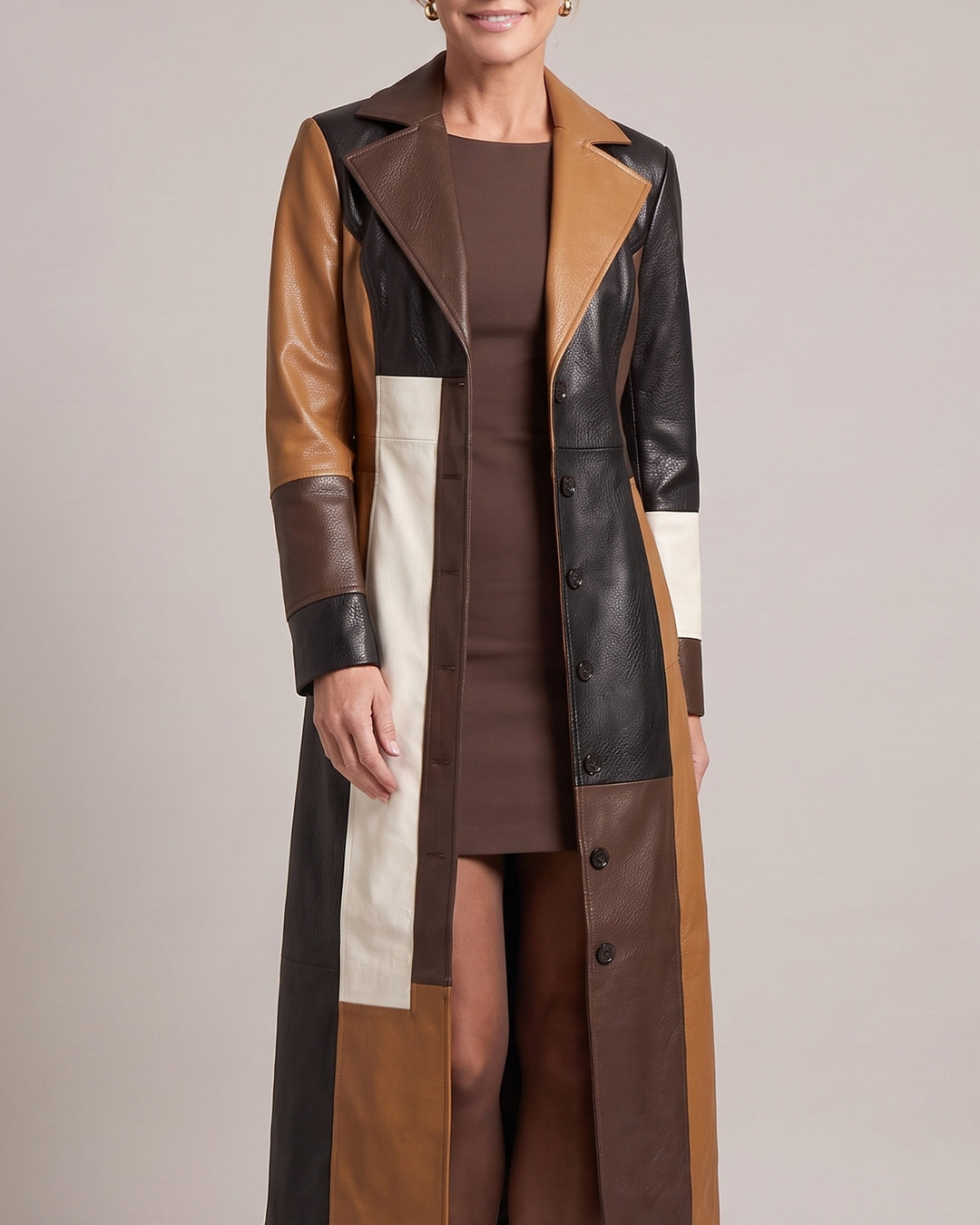 Brown Colour Block Patchwork Faux Leather Longline Coat