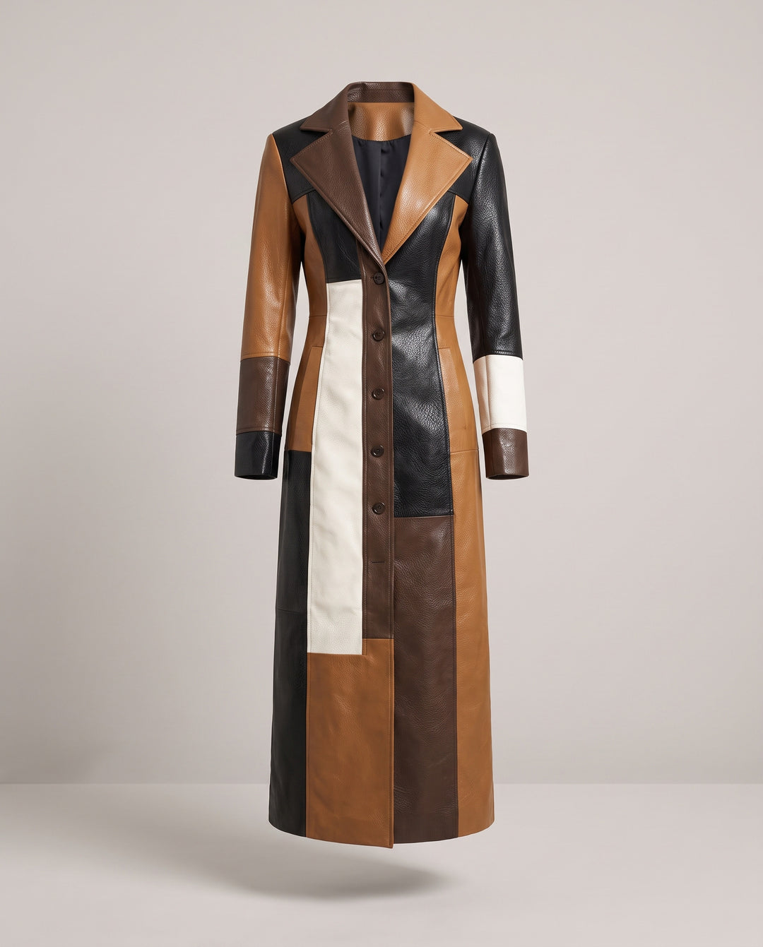 Brown Colour Block Patchwork Faux Leather Longline Coat