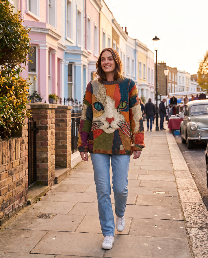 Patchwork Cat Print Sweater