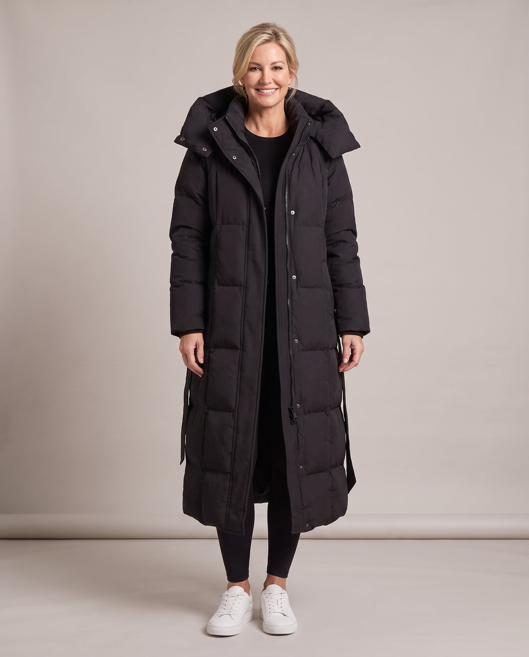 Longline Hooded Puffer Coat with Belt