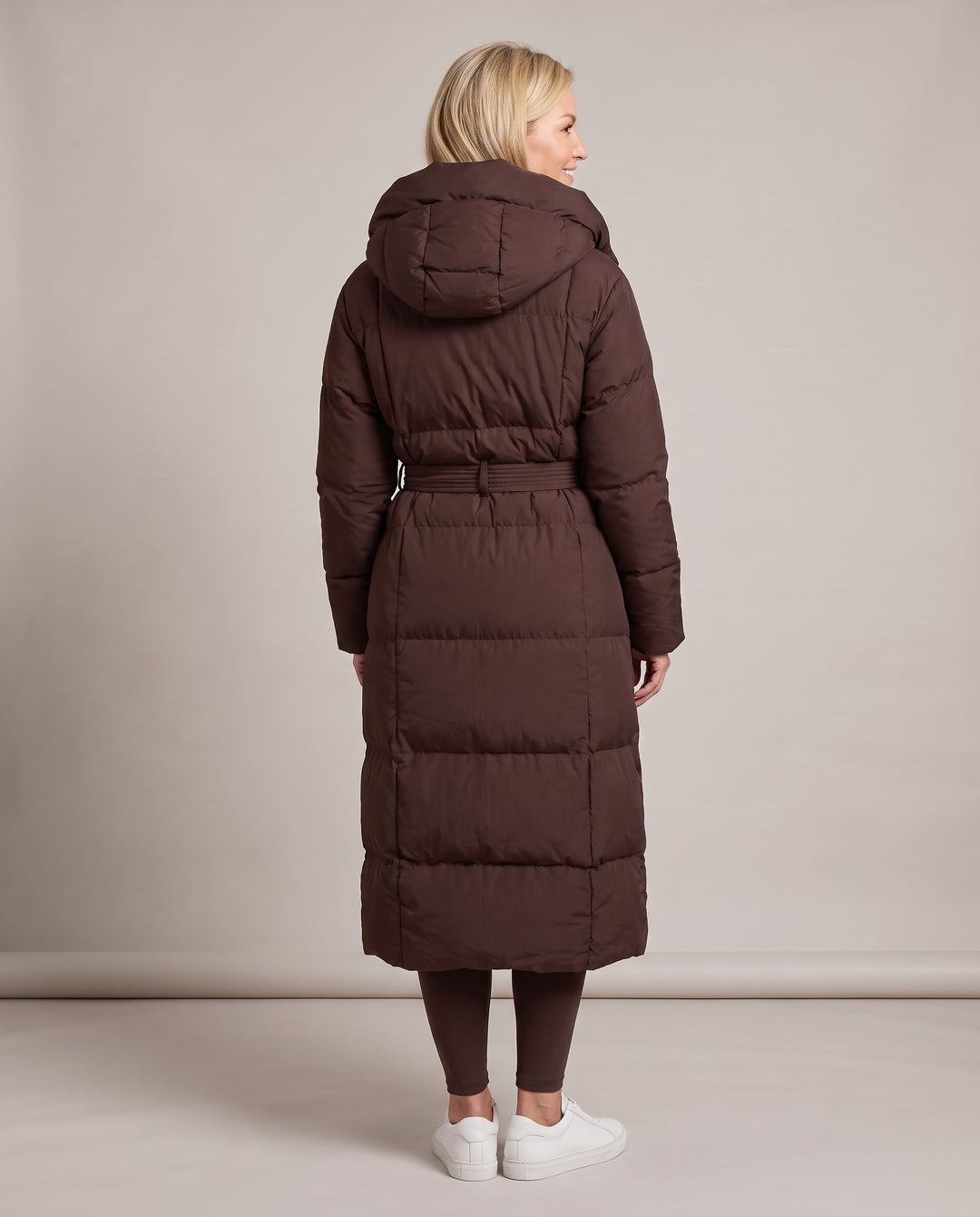 Longline Hooded Puffer Coat with Belt