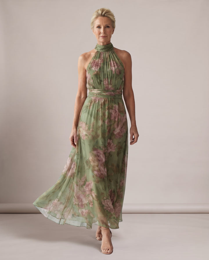 Sage Green Floral Halter Maxi Dress