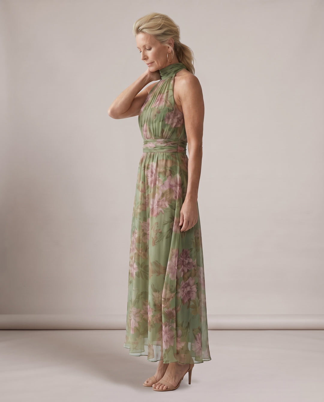 Sage Green Floral Halter Maxi Dress
