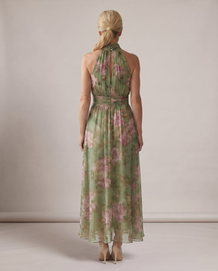 Sage Green Floral Halter Maxi Dress
