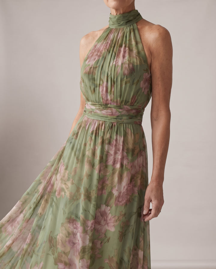 Sage Green Floral Halter Maxi Dress