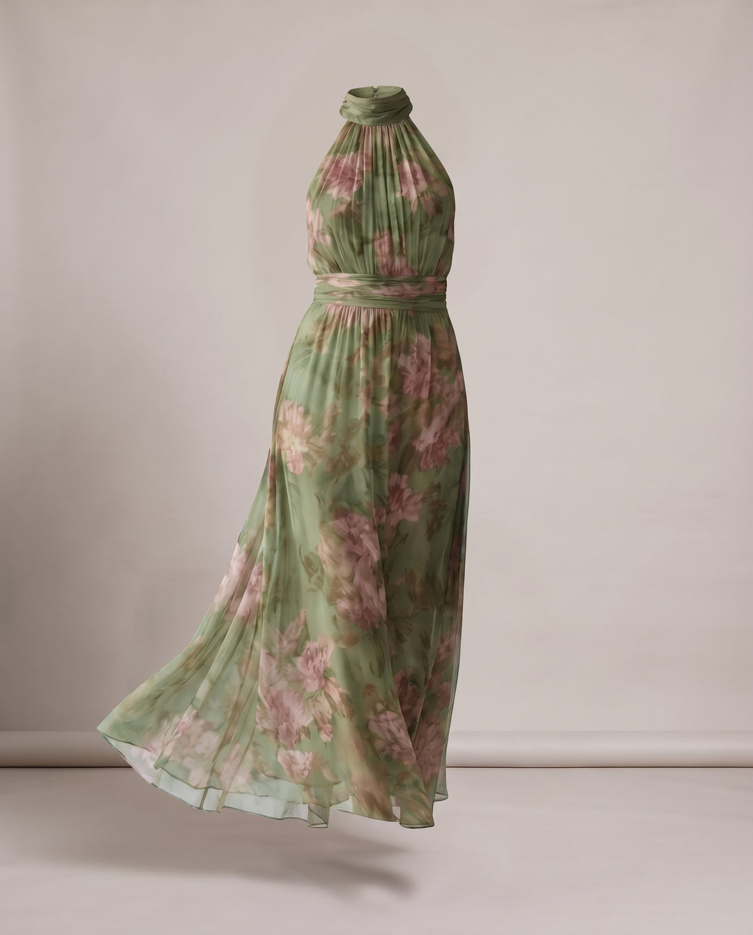 Sage Green Floral Halter Maxi Dress