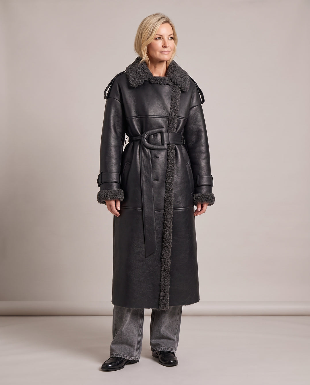 Black Faux Shearling Longline Coat