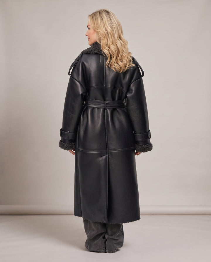 Black Faux Shearling Longline Coat