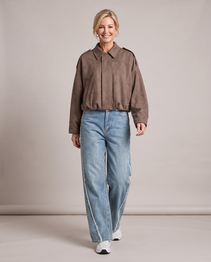 Faux Suede Oversized Cropped Bomber Jacket