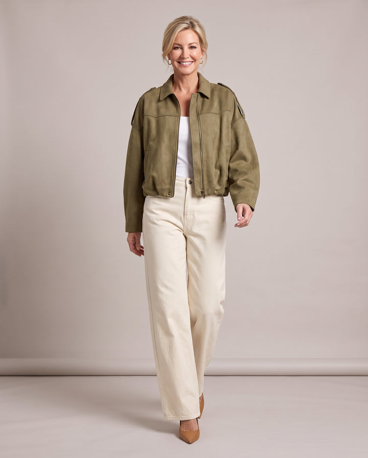 Faux Suede Oversized Cropped Bomber Jacket