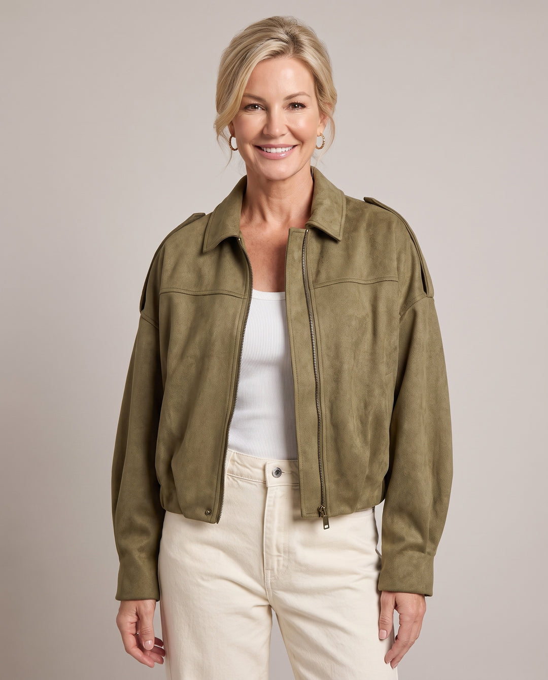 Faux Suede Oversized Cropped Bomber Jacket