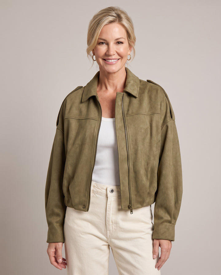 Faux Suede Oversized Cropped Bomber Jacket