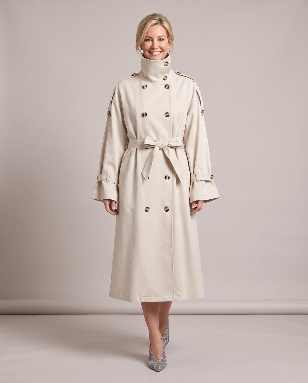Cream Funnel Neck Trench Coat
